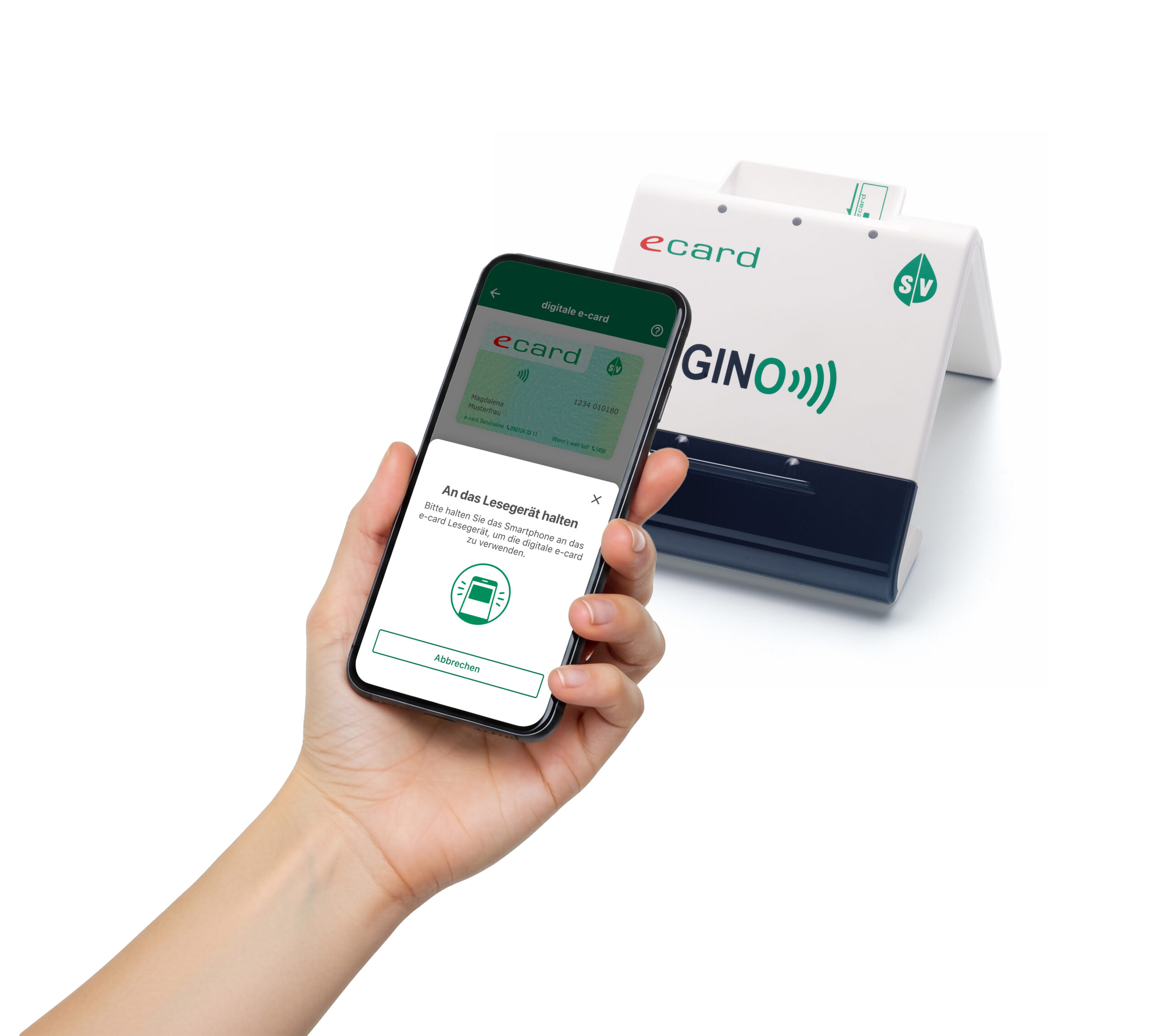 Symbolbild: Eine Hand hält die e-card App an ein Lesegerät.