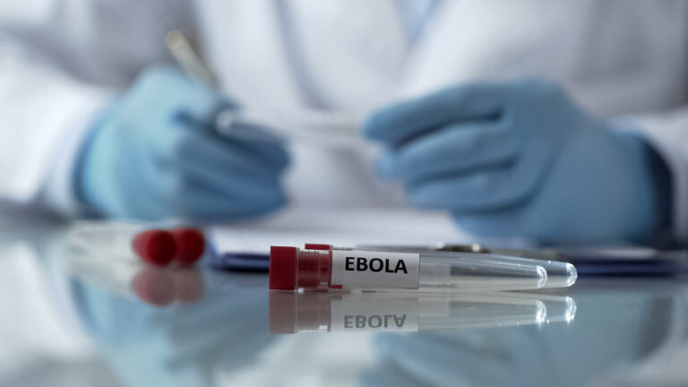 Symbolbild: Eine Phiole liegt vor einem menschen im blauen Gummianzug. Darauf steht "Ebola".