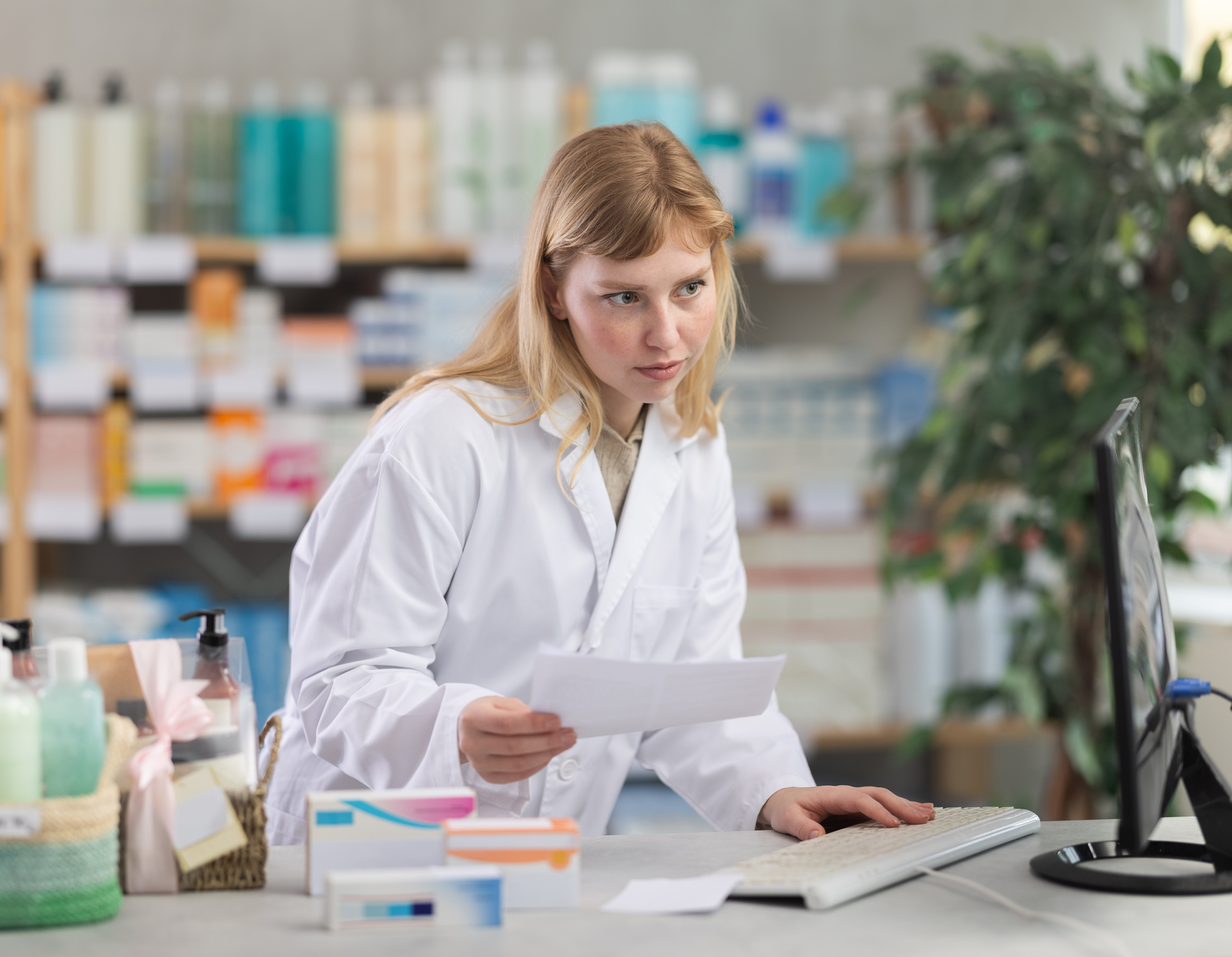 Symbolfoto: Apothekenmitarbeiterin bei der Warenannahme mit Lieferschein.