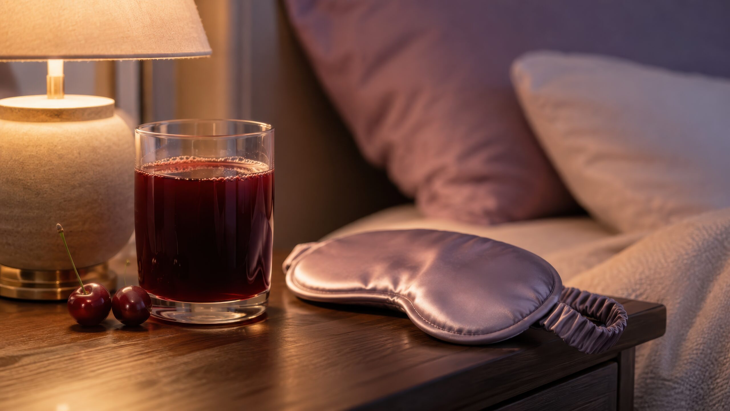 Symbolbild: Ein Nachtkästchen mit einer Schlafmaske, Kirschen und einem Glas mit Kirschsaft.